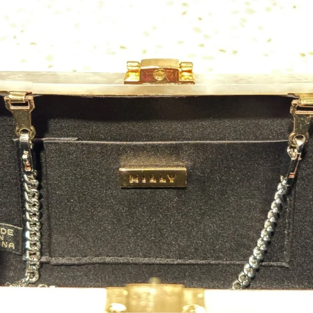 Milly Box Acrylic Clutch Swarovski Crystal Rainbow Stripe Removable Chain